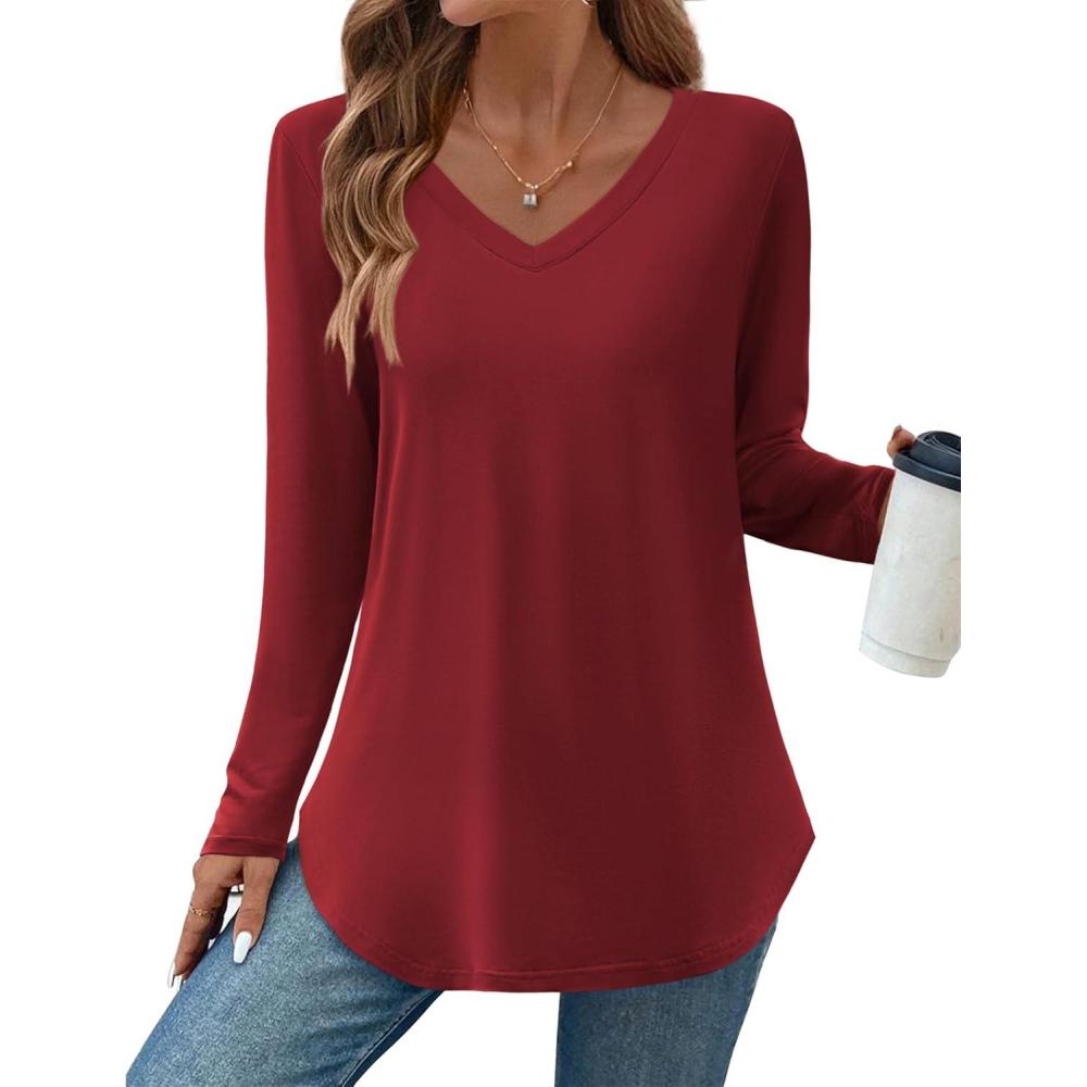 imageZeagoo Long Sleeve Tops for Women V Neck Shirt Loose Fall Tunic Tops Dressy Casual Work Blouse 2026Wine Red