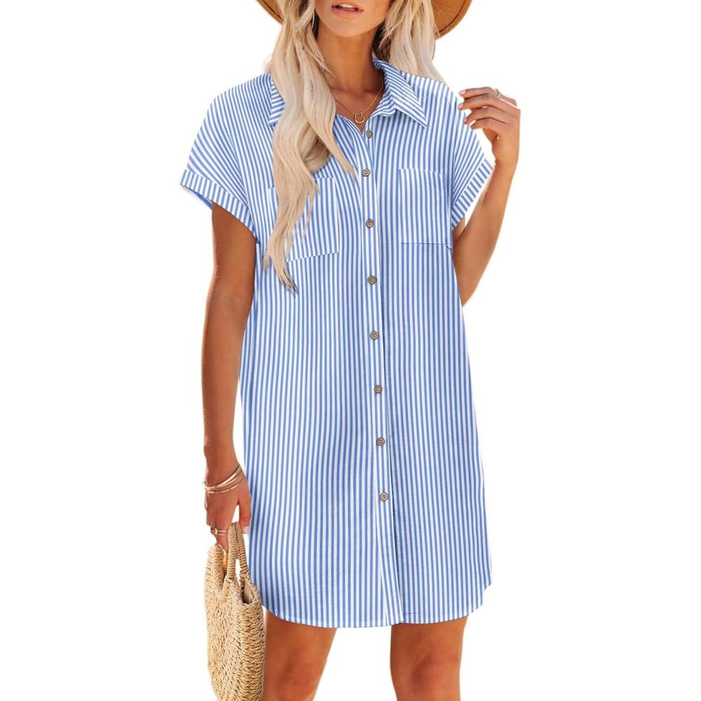 imageZeagoo Summer Dresses for Women 2026 Cotton Button Down Short Sleeve Tshirt Dresses Casual Mini Beach DressBluewhite Stripe