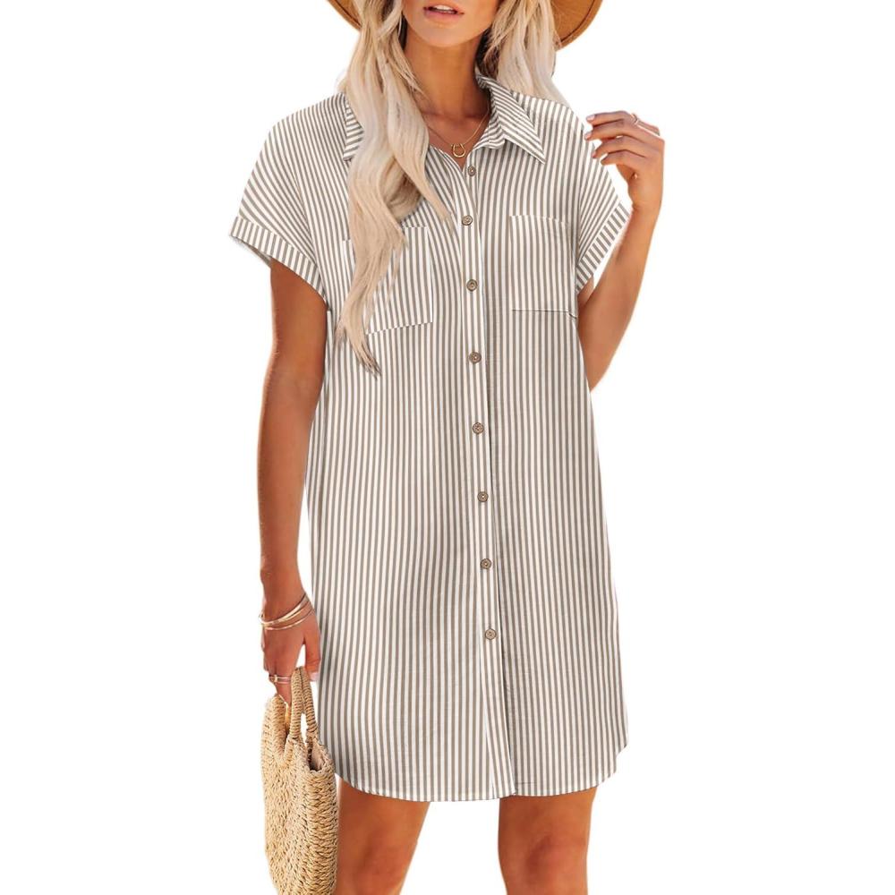 imageZeagoo Summer Dresses for Women 2026 Cotton Button Down Short Sleeve Tshirt Dresses Casual Mini Beach DressBrownwhite Stripe