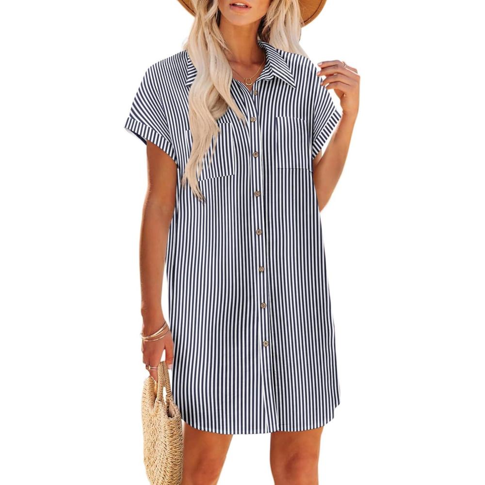 imageZeagoo Summer Dresses for Women 2026 Cotton Button Down Short Sleeve Tshirt Dresses Casual Mini Beach DressDark Bluewhite Stripe