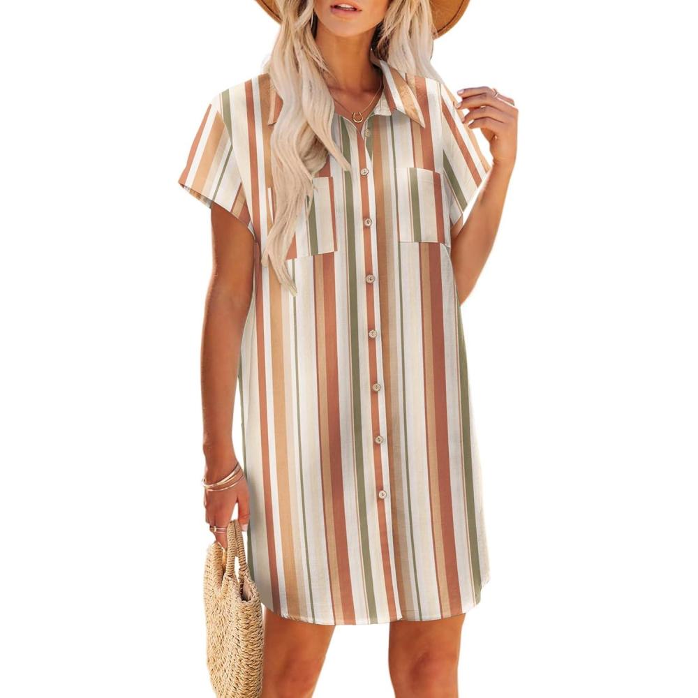 imageZeagoo Summer Dresses for Women 2026 Cotton Button Down Short Sleeve Tshirt Dresses Casual Mini Beach DressKhaki Stripes