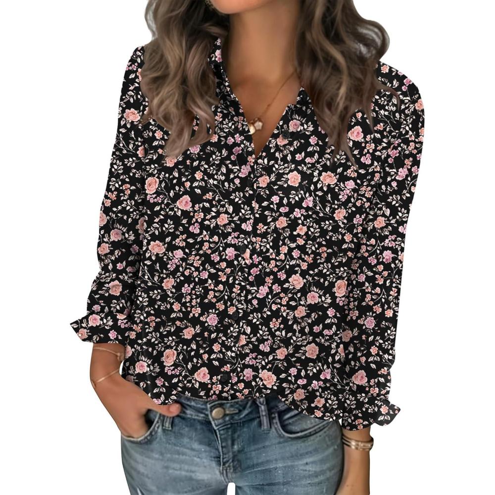 imageZeagoo Women Blouses Chiffon Long Sleeve Button Down Shirts Business Causal Dressy Work Top V Neck Summer Spring ClothesBlack Floral