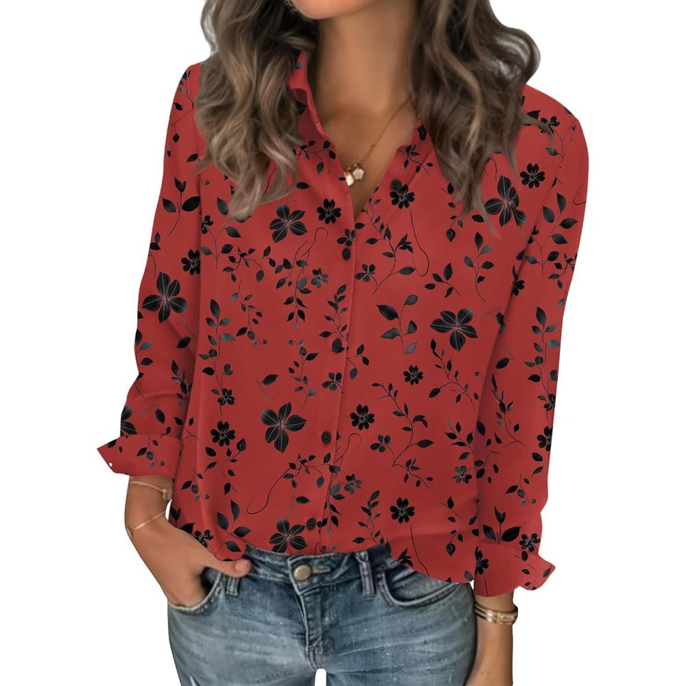 imageZeagoo Women Blouses Chiffon Long Sleeve Button Down Shirts Business Causal Dressy Work Top V Neck Summer Spring ClothesBlack Red Floral