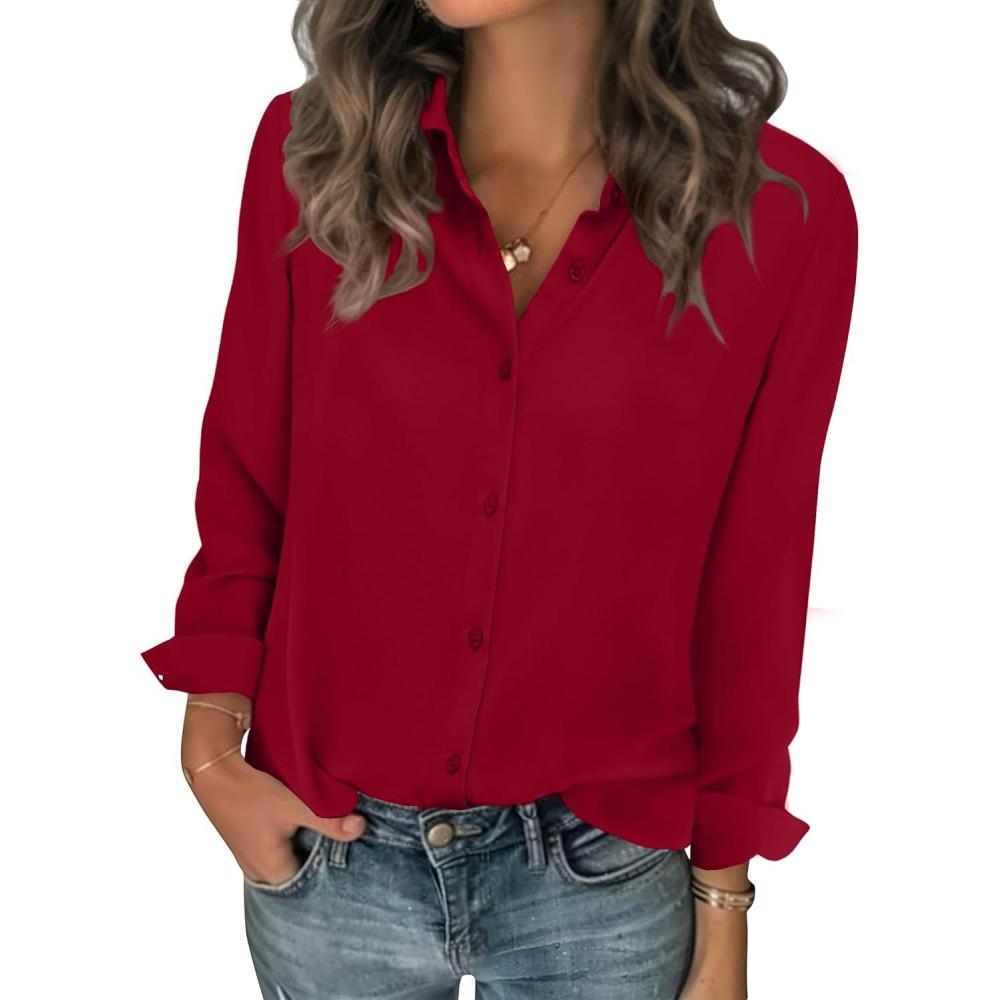 imageZeagoo Women Blouses Chiffon Long Sleeve Button Down Shirts Business Causal Dressy Work Top V Neck Summer Spring ClothesDark Red