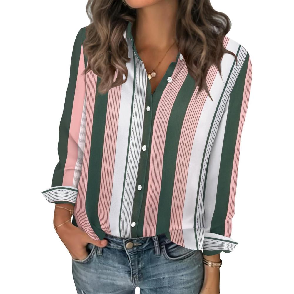 imageZeagoo Women Blouses Chiffon Long Sleeve Button Down Shirts Business Causal Dressy Work Top V Neck Summer Spring ClothesMulticolor Stripes