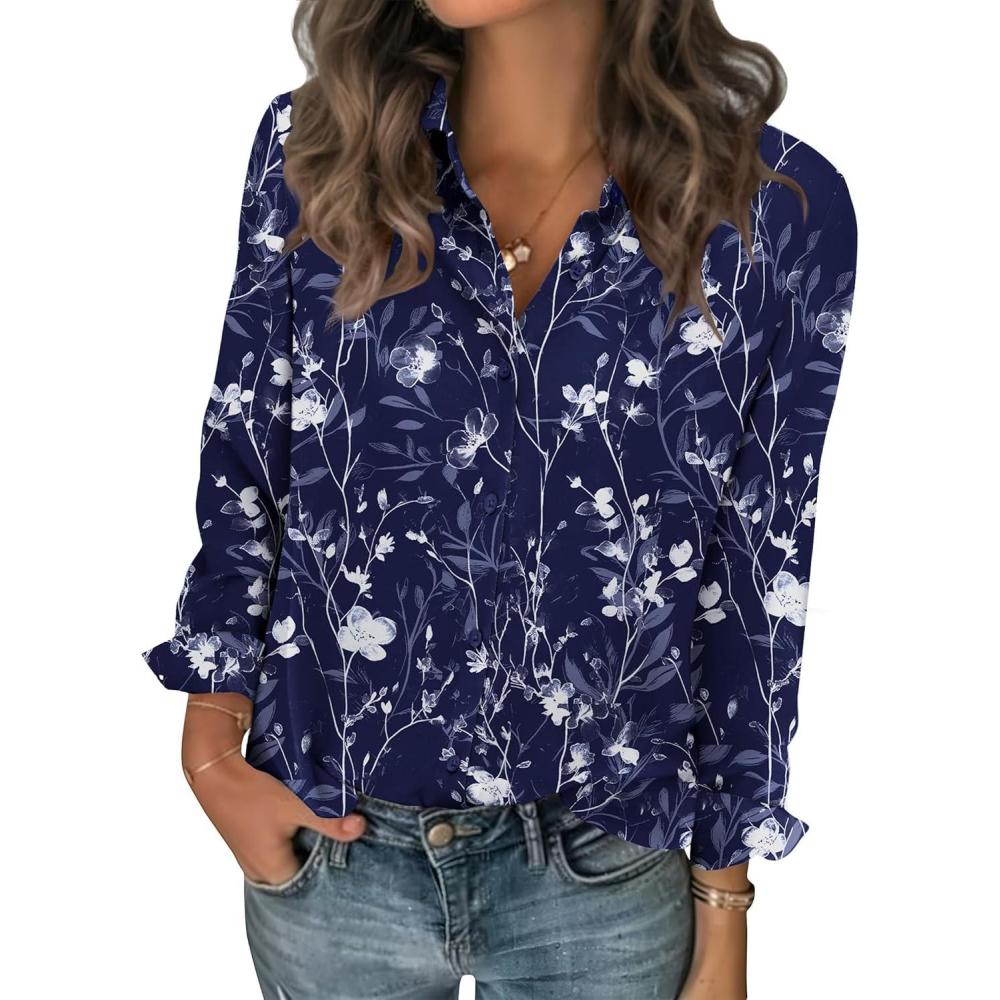 imageZeagoo Women Blouses Chiffon Long Sleeve Button Down Shirts Business Causal Dressy Work Top V Neck Summer Spring ClothesNavy Floral
