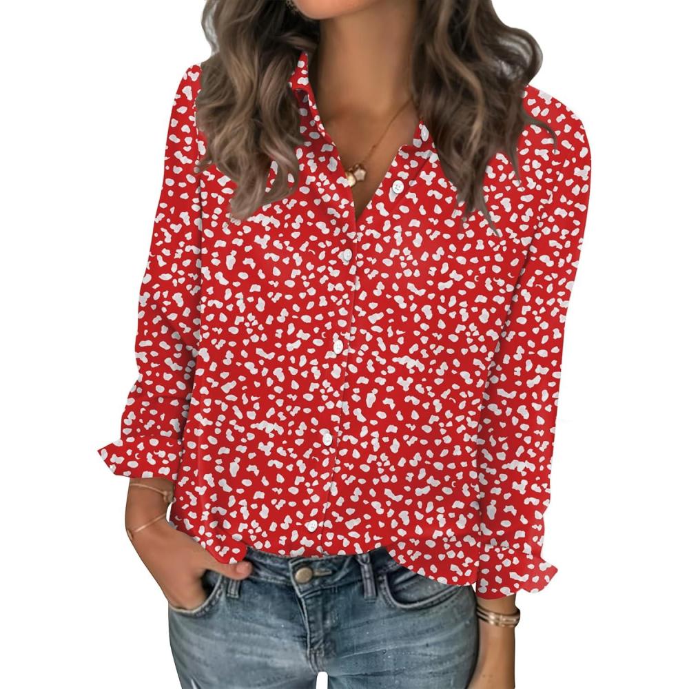 imageZeagoo Women Blouses Chiffon Long Sleeve Button Down Shirts Business Causal Dressy Work Top V Neck Summer Spring ClothesRed White Polka Dots