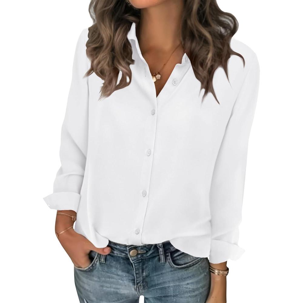 imageZeagoo Women Blouses Chiffon Long Sleeve Button Down Shirts Business Causal Dressy Work Top V Neck Summer Spring ClothesWhite Sheer