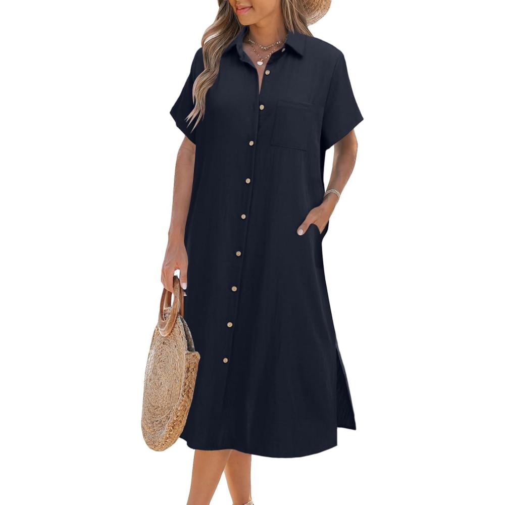 imageZeagoo Women Dresses Summer Casual Short Sleeve Button Down Shirt Dresses 2026 Beach Cover Up with PocketsA03navy Blue