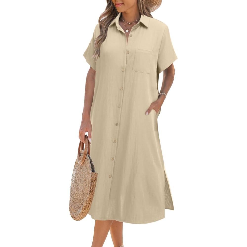 imageZeagoo Women Dresses Summer Casual Short Sleeve Button Down Shirt Dresses 2026 Beach Cover Up with PocketsBapricot