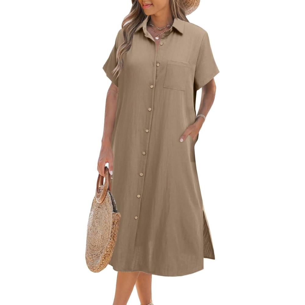 imageZeagoo Women Dresses Summer Casual Short Sleeve Button Down Shirt Dresses 2026 Beach Cover Up with PocketsBeige