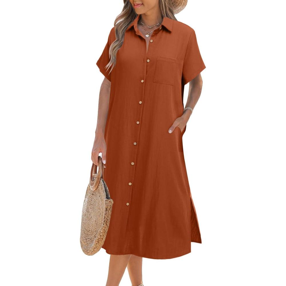 imageZeagoo Women Dresses Summer Casual Short Sleeve Button Down Shirt Dresses 2026 Beach Cover Up with PocketsBrick Red