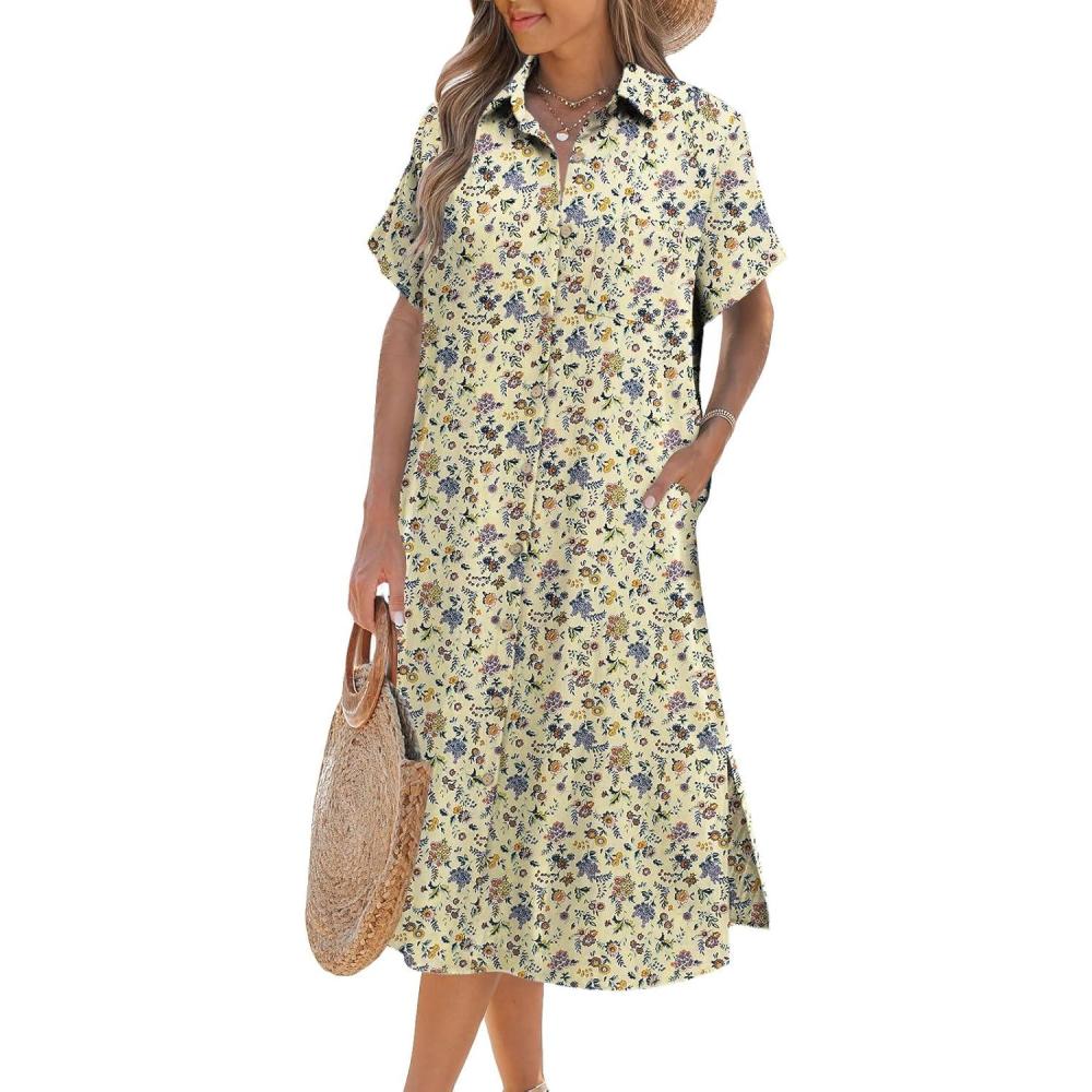 imageZeagoo Women Dresses Summer Casual Short Sleeve Button Down Shirt Dresses 2026 Beach Cover Up with PocketsFloral Print Apricot