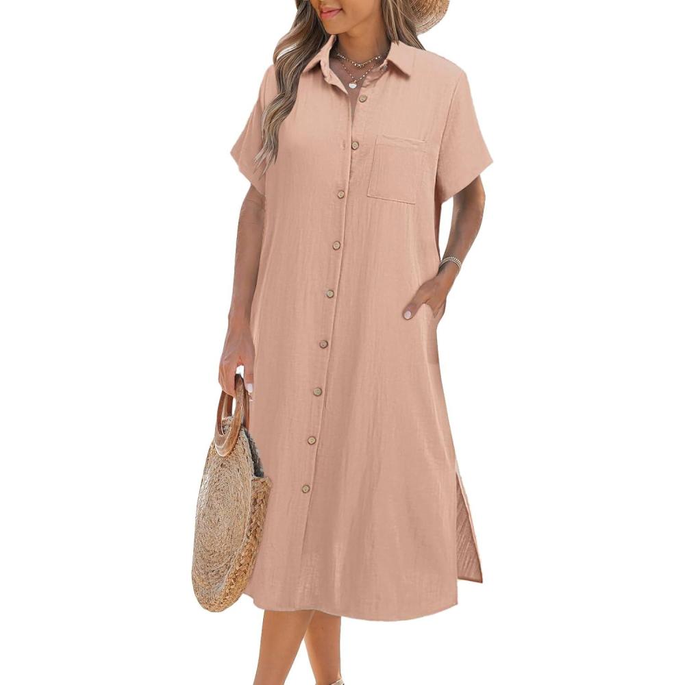 imageZeagoo Women Dresses Summer Casual Short Sleeve Button Down Shirt Dresses 2026 Beach Cover Up with PocketsPink