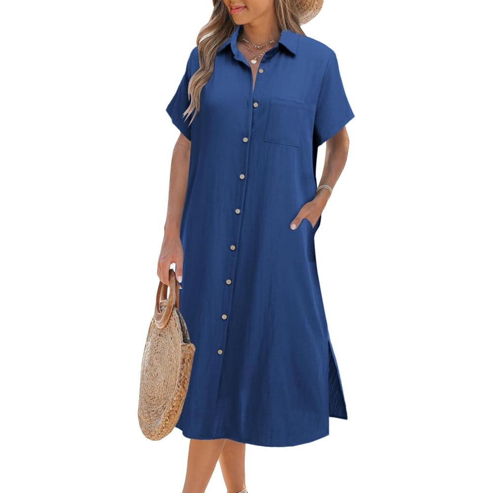 imageZeagoo Women Dresses Summer Casual Short Sleeve Button Down Shirt Dresses 2026 Beach Cover Up with PocketsRoyal Blue