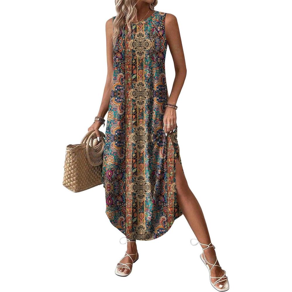 imageZeagoo Women Floral Summer Casual Beach Printed Tank Dress with Pockets Pleated Front Long Dress2602 Boho Print
