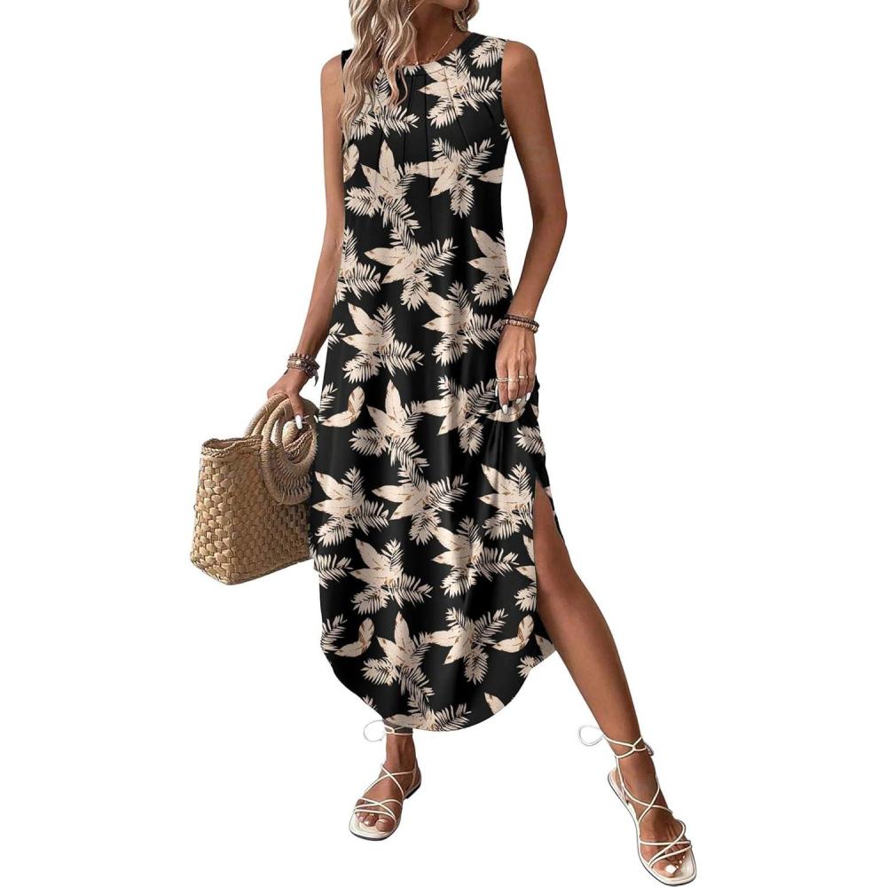 imageZeagoo Women Floral Summer Casual Beach Printed Tank Dress with Pockets Pleated Front Long DressBlack Print