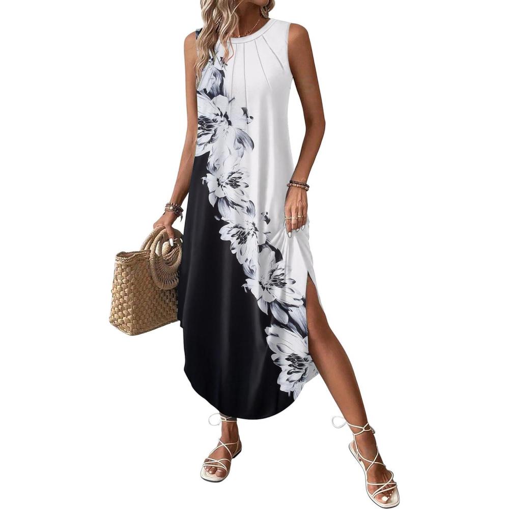 imageZeagoo Women Floral Summer Casual Beach Printed Tank Dress with Pockets Pleated Front Long DressBlackWhite Print