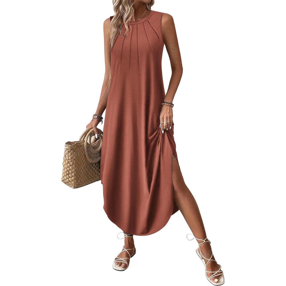 imageZeagoo Women Floral Summer Casual Beach Printed Tank Dress with Pockets Pleated Front Long DressBrick Red
