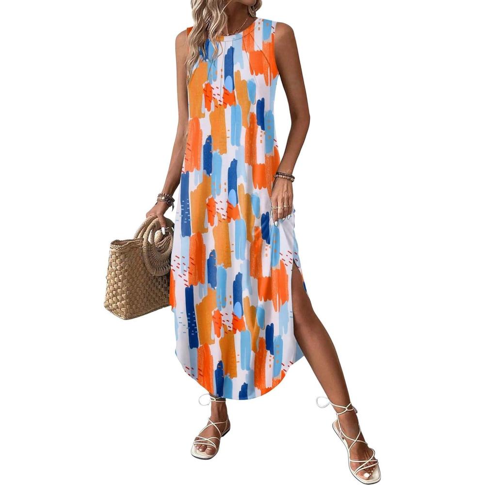 imageZeagoo Women Floral Summer Casual Beach Printed Tank Dress with Pockets Pleated Front Long DressColorful Print