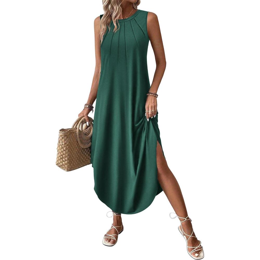 imageZeagoo Women Floral Summer Casual Beach Printed Tank Dress with Pockets Pleated Front Long DressDeep Green