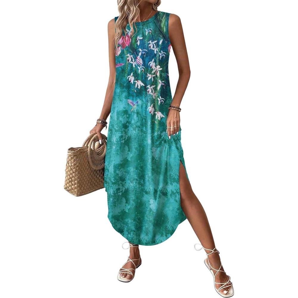 imageZeagoo Women Floral Summer Casual Beach Printed Tank Dress with Pockets Pleated Front Long DressGreen Flower