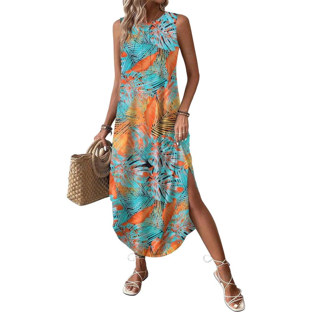imageZeagoo Women Floral Summer Casual Beach Printed Tank Dress with Pockets Pleated Front Long DressLeaf Print