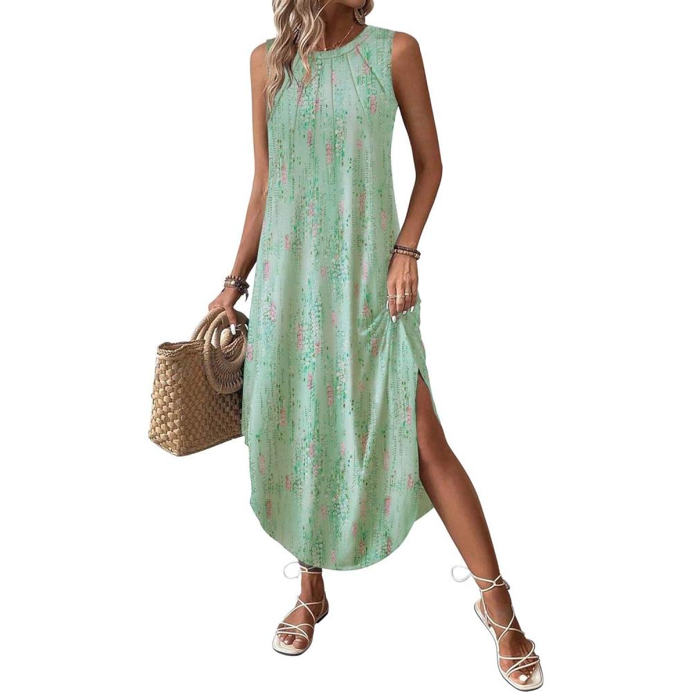 imageZeagoo Women Floral Summer Casual Beach Printed Tank Dress with Pockets Pleated Front Long DressMint Green Print