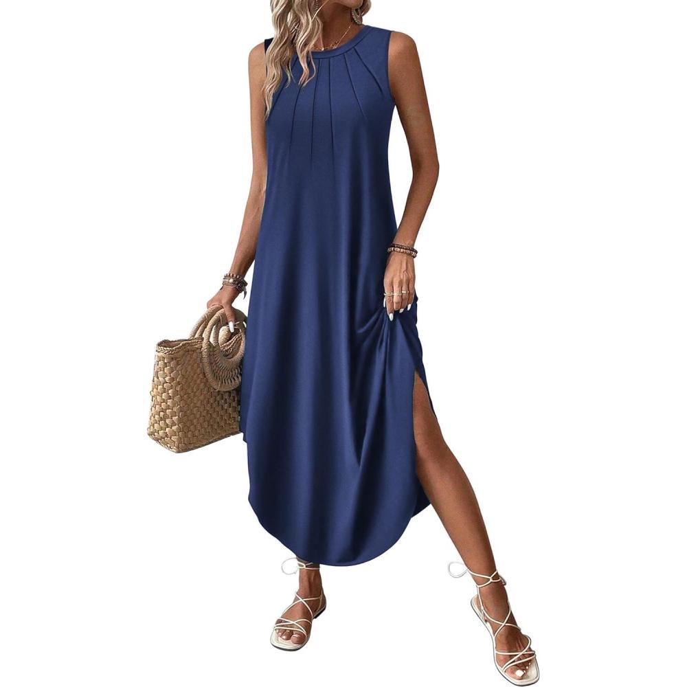 imageZeagoo Women Floral Summer Casual Beach Printed Tank Dress with Pockets Pleated Front Long DressNavy Blue