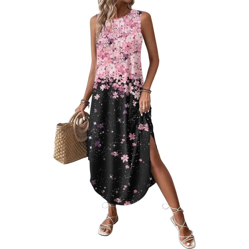 imageZeagoo Women Floral Summer Casual Beach Printed Tank Dress with Pockets Pleated Front Long DressPinkblack Print