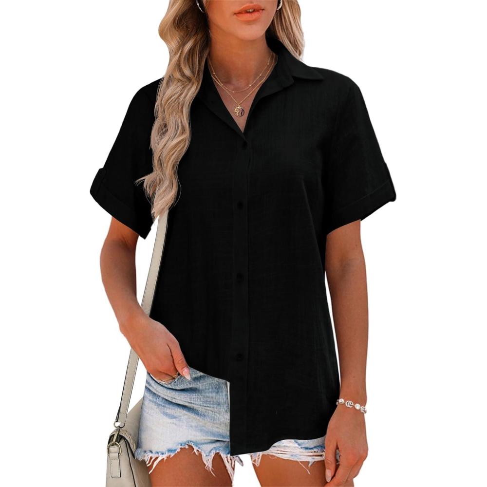 imageZeagoo Women Linen Button Down Shirt Rolled Cuffed Short Sleeve Blouse Ladies Summer Casual V Neck Beach Cotton TopsBblack