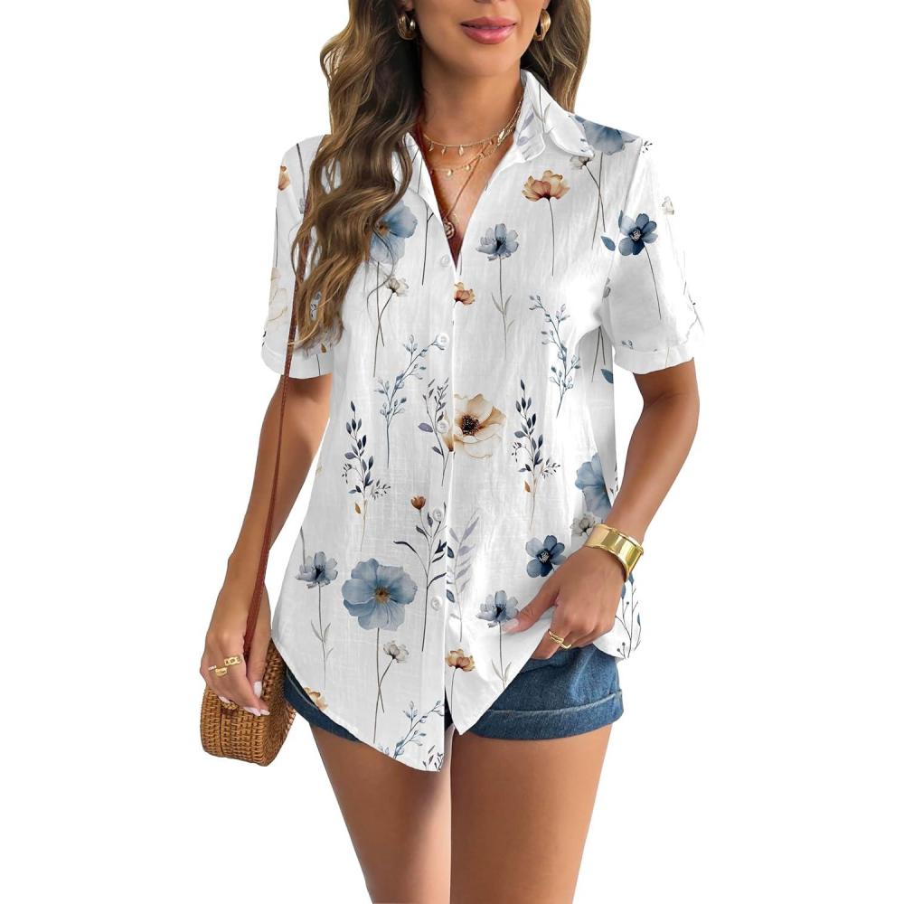 imageZeagoo Women Linen Button Down Shirt Rolled Cuffed Short Sleeve Blouse Ladies Summer Casual V Neck Beach Cotton TopsFloral White
