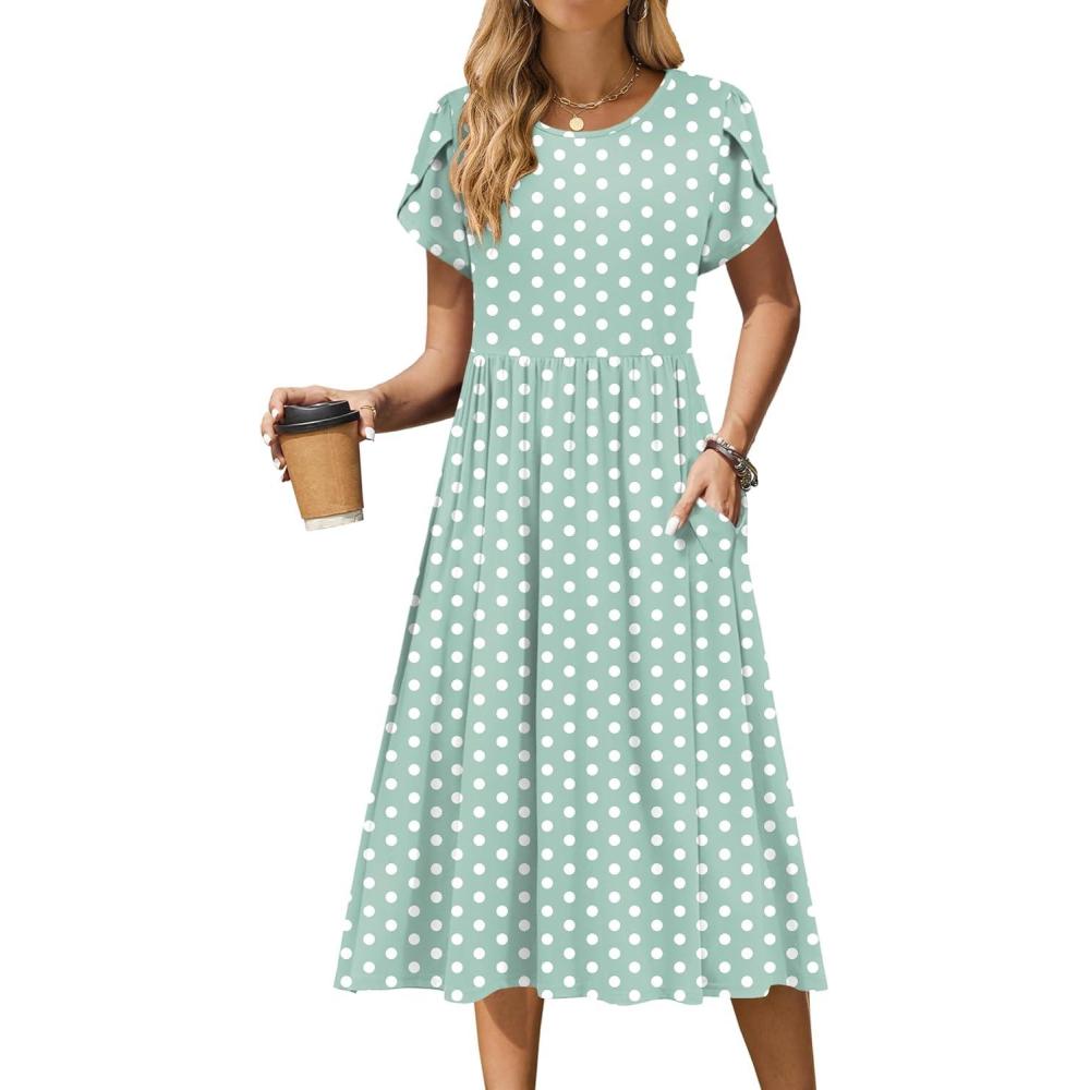 imageZeagoo Women Summer Short Sleeve Midi Dress with Pockets Casual Aline Flowy Tshirt Dress Floral Vocation Beach Sundress02green Round Dot