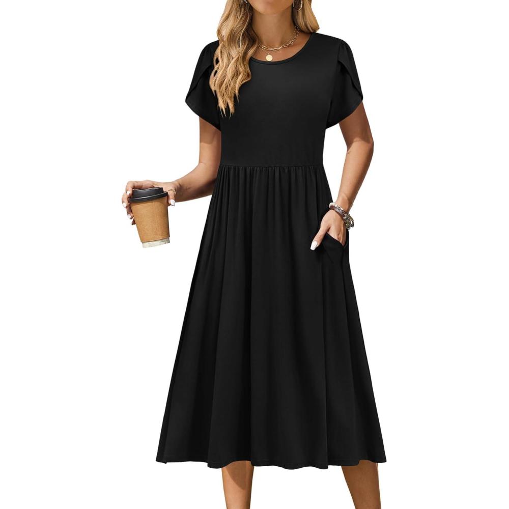 imageZeagoo Women Summer Short Sleeve Midi Dress with Pockets Casual Aline Flowy Tshirt Dress Floral Vocation Beach SundressBlack