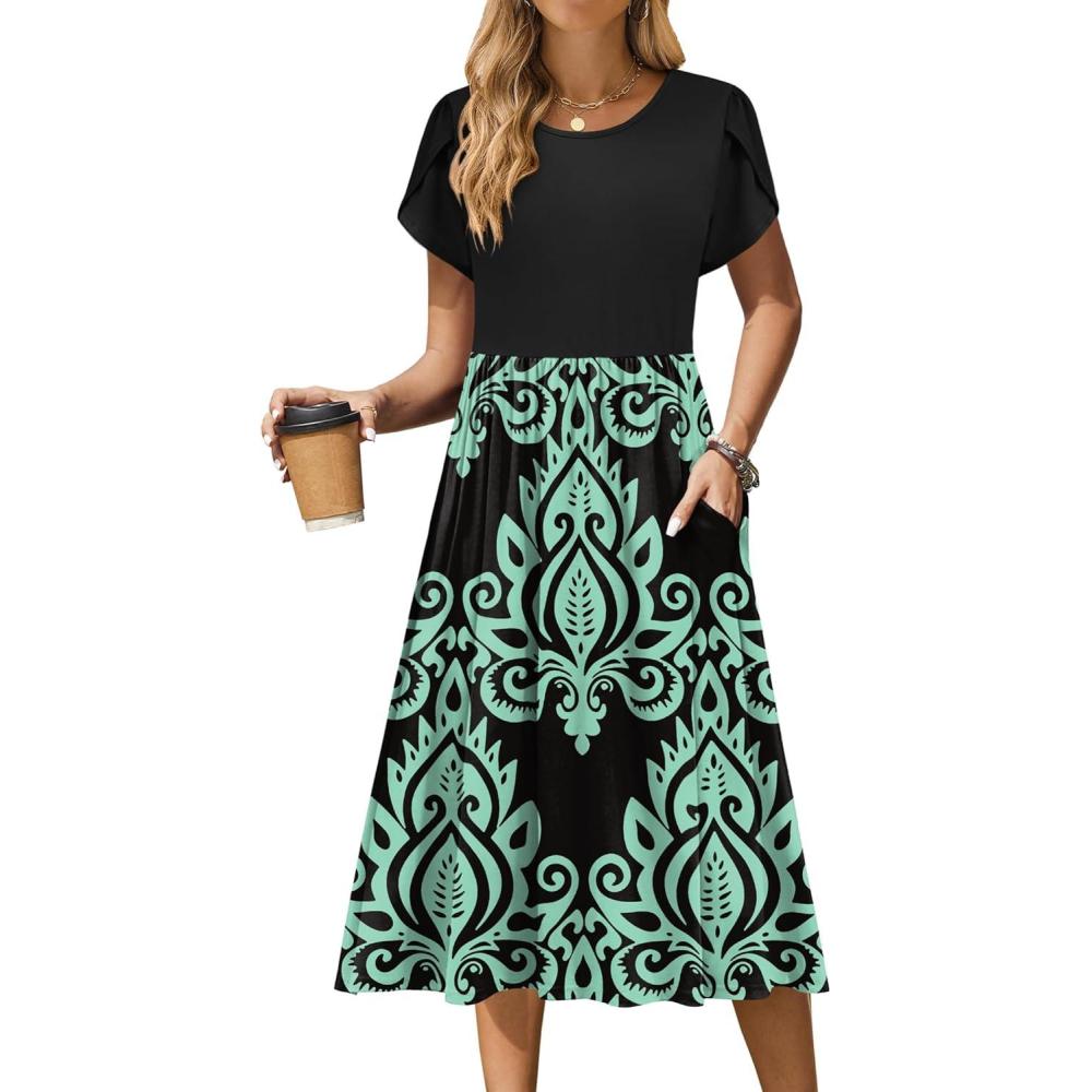 imageZeagoo Women Summer Short Sleeve Midi Dress with Pockets Casual Aline Flowy Tshirt Dress Floral Vocation Beach SundressBlue Floral Black