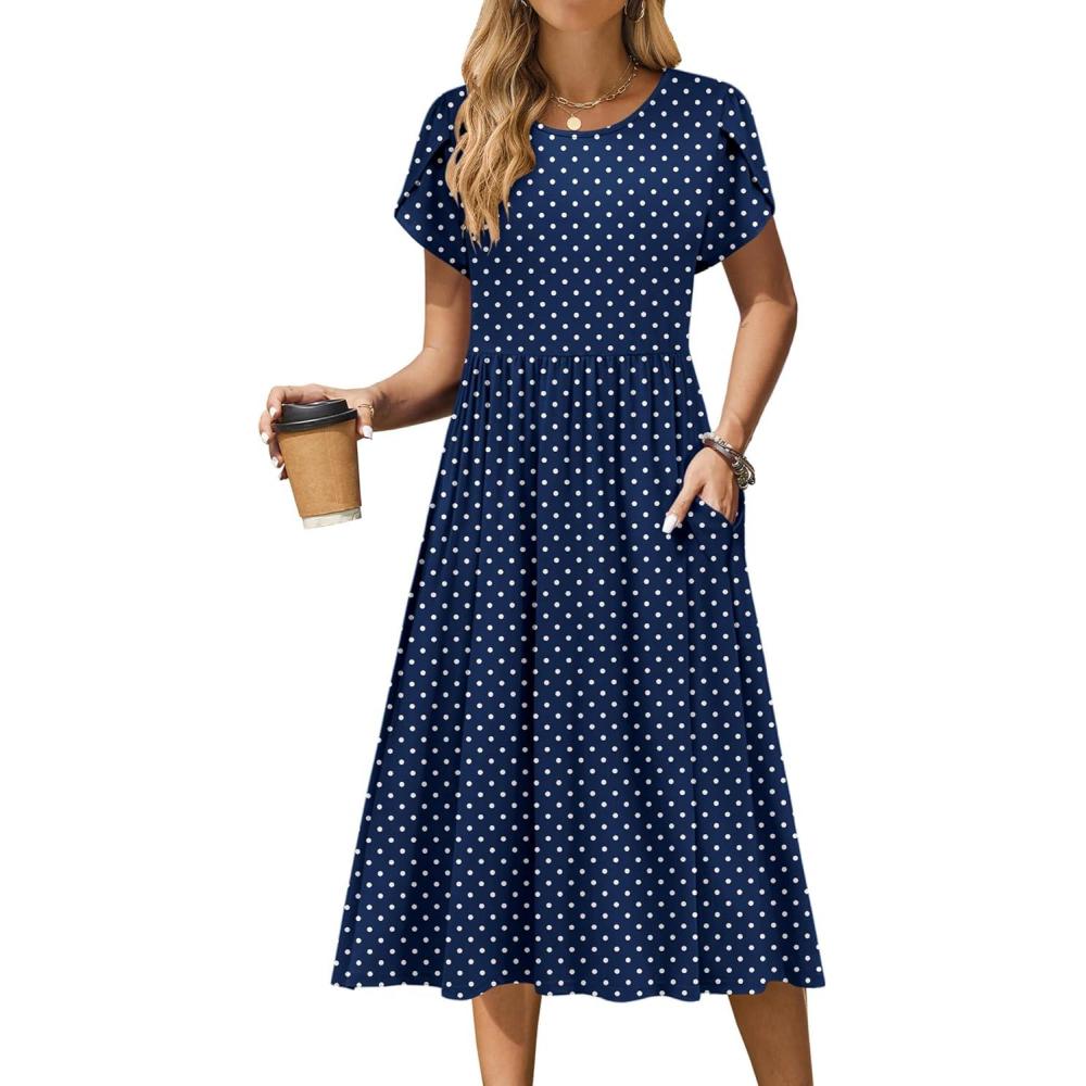 imageZeagoo Women Summer Short Sleeve Midi Dress with Pockets Casual Aline Flowy Tshirt Dress Floral Vocation Beach SundressBlue Round Dot Print