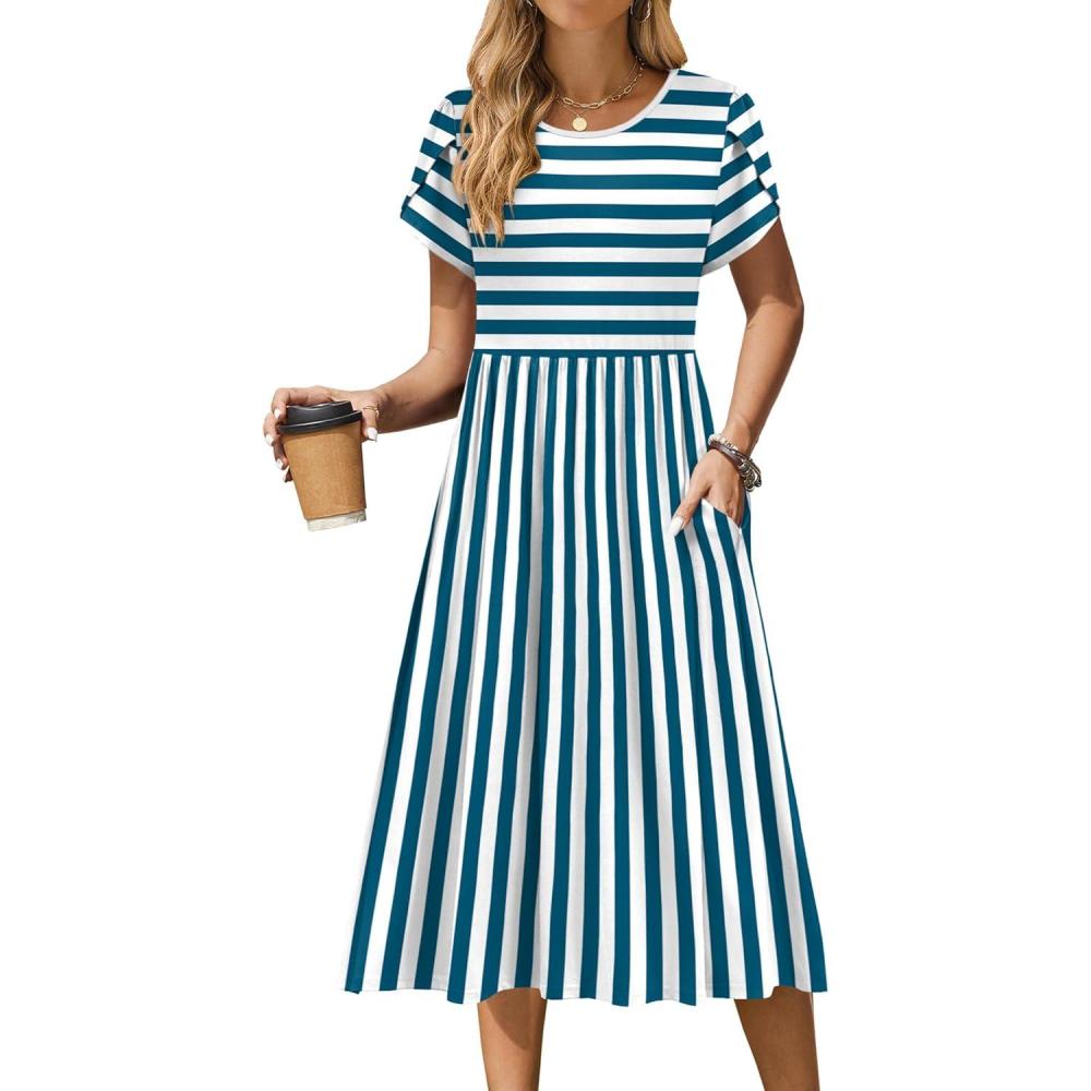 imageZeagoo Women Summer Short Sleeve Midi Dress with Pockets Casual Aline Flowy Tshirt Dress Floral Vocation Beach SundressBlue White Stripe