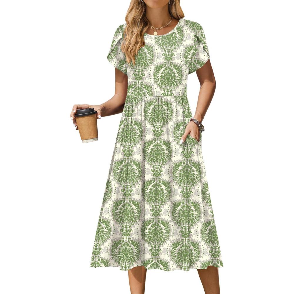 imageZeagoo Women Summer Short Sleeve Midi Dress with Pockets Casual Aline Flowy Tshirt Dress Floral Vocation Beach SundressEthnic Patterngreen