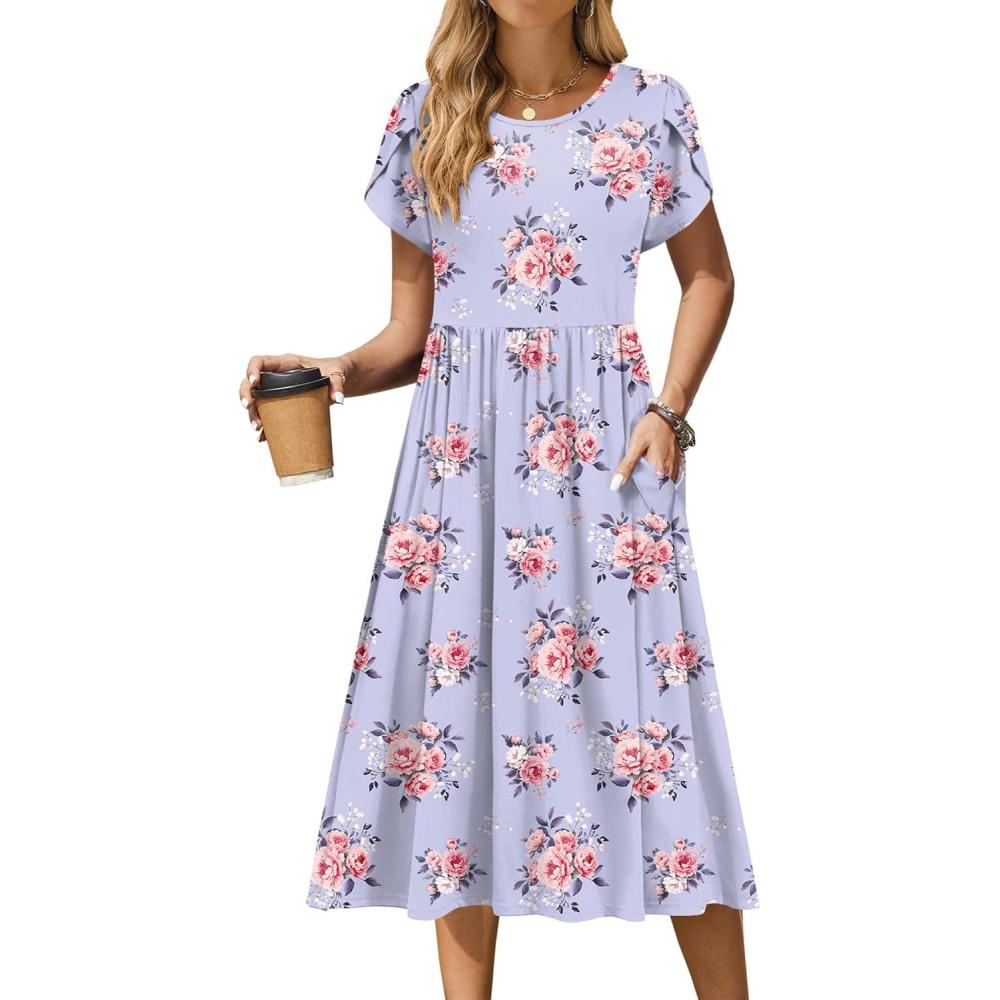 imageZeagoo Women Summer Short Sleeve Midi Dress with Pockets Casual Aline Flowy Tshirt Dress Floral Vocation Beach SundressPurple Floral