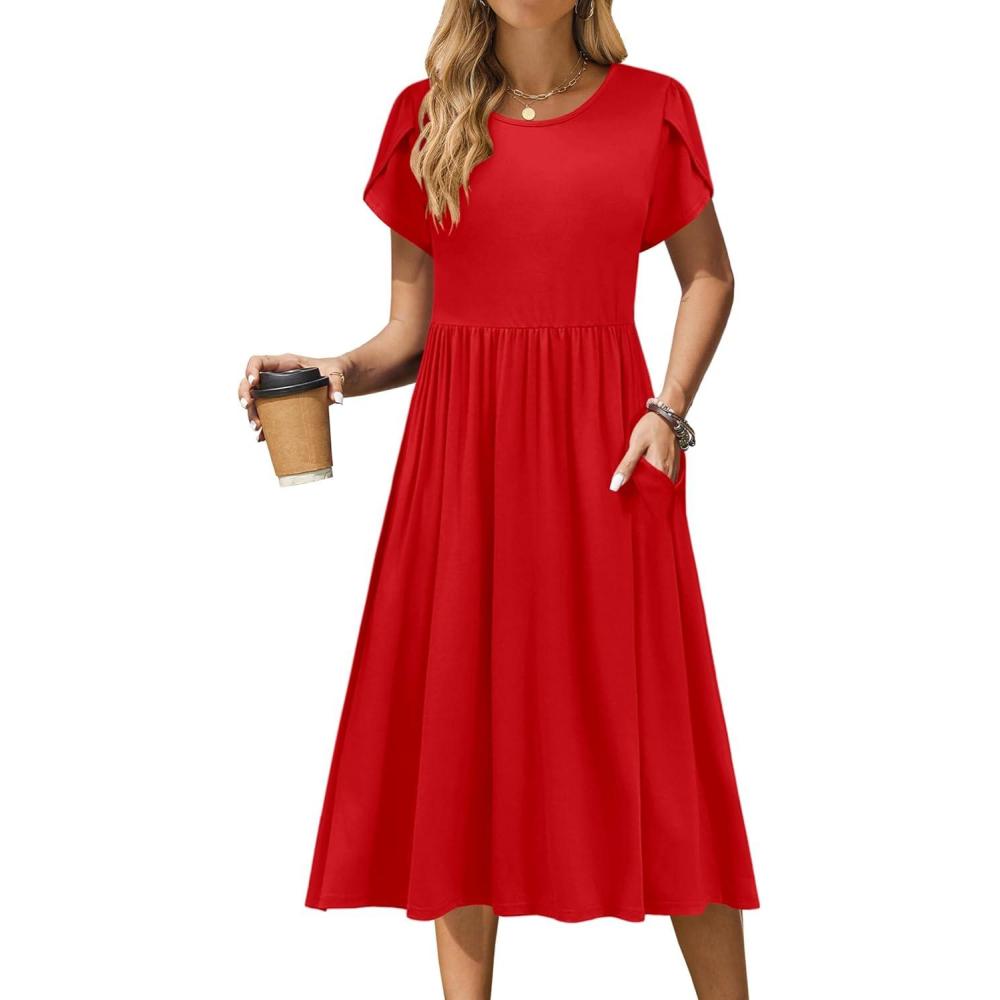 imageZeagoo Women Summer Short Sleeve Midi Dress with Pockets Casual Aline Flowy Tshirt Dress Floral Vocation Beach SundressRed