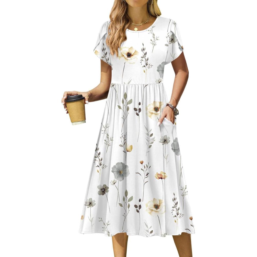 imageZeagoo Women Summer Short Sleeve Midi Dress with Pockets Casual Aline Flowy Tshirt Dress Floral Vocation Beach SundressWhite Floral