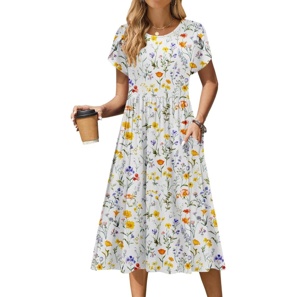 imageZeagoo Women Summer Short Sleeve Midi Dress with Pockets Casual Aline Flowy Tshirt Dress Floral Vocation Beach SundressXh403