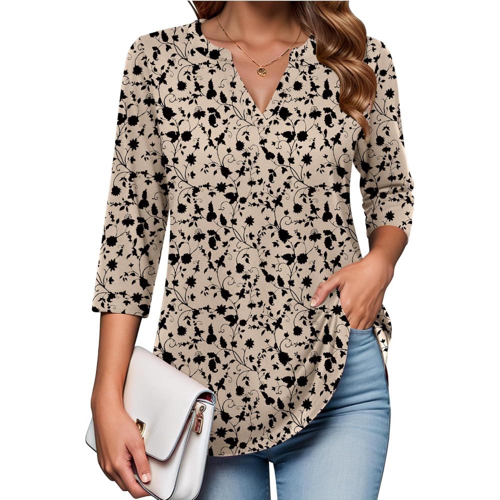 imageZeagoo Womens 34 Length Sleeve Tops V Neck Tunic Casual Dressy Blouse Floral Printed ShirtsApricot Black Floral
