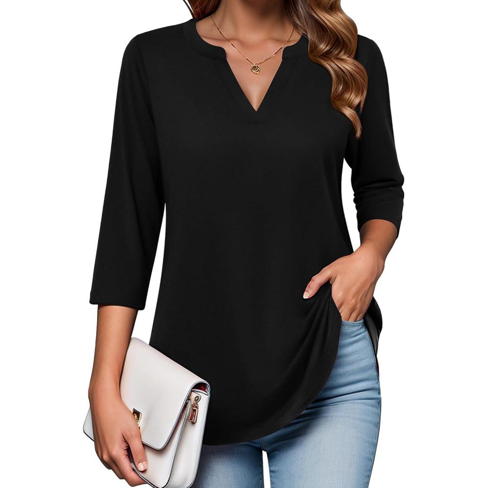 imageZeagoo Womens 34 Length Sleeve Tops V Neck Tunic Casual Dressy Blouse Floral Printed ShirtsBlack