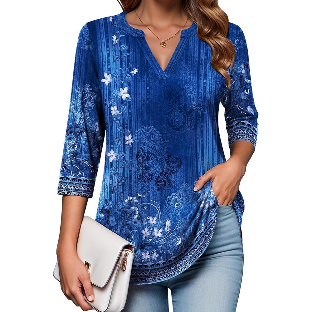 imageZeagoo Womens 34 Length Sleeve Tops V Neck Tunic Casual Dressy Blouse Floral Printed ShirtsBlue Floral