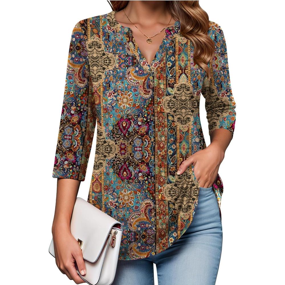 imageZeagoo Womens 34 Length Sleeve Tops V Neck Tunic Casual Dressy Blouse Floral Printed ShirtsBoho Multicolor