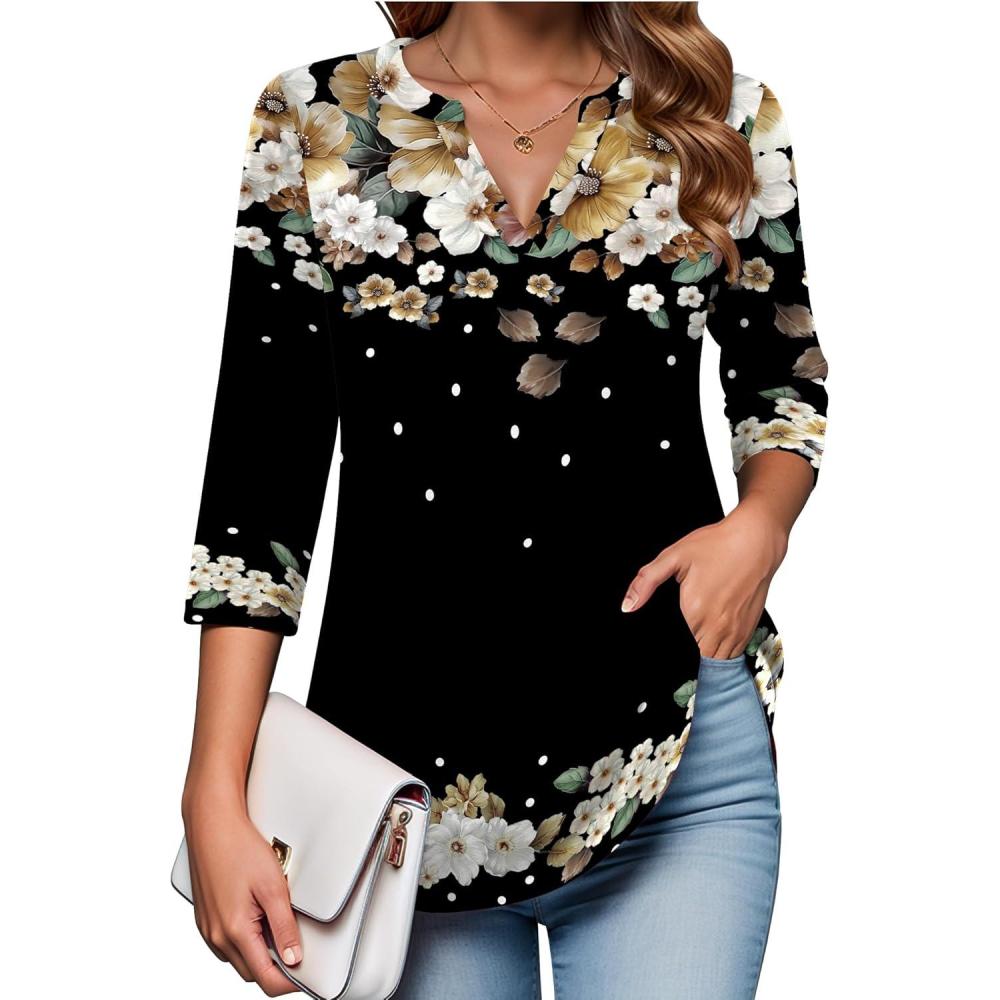 imageZeagoo Womens 34 Length Sleeve Tops V Neck Tunic Casual Dressy Blouse Floral Printed ShirtsFloral Black