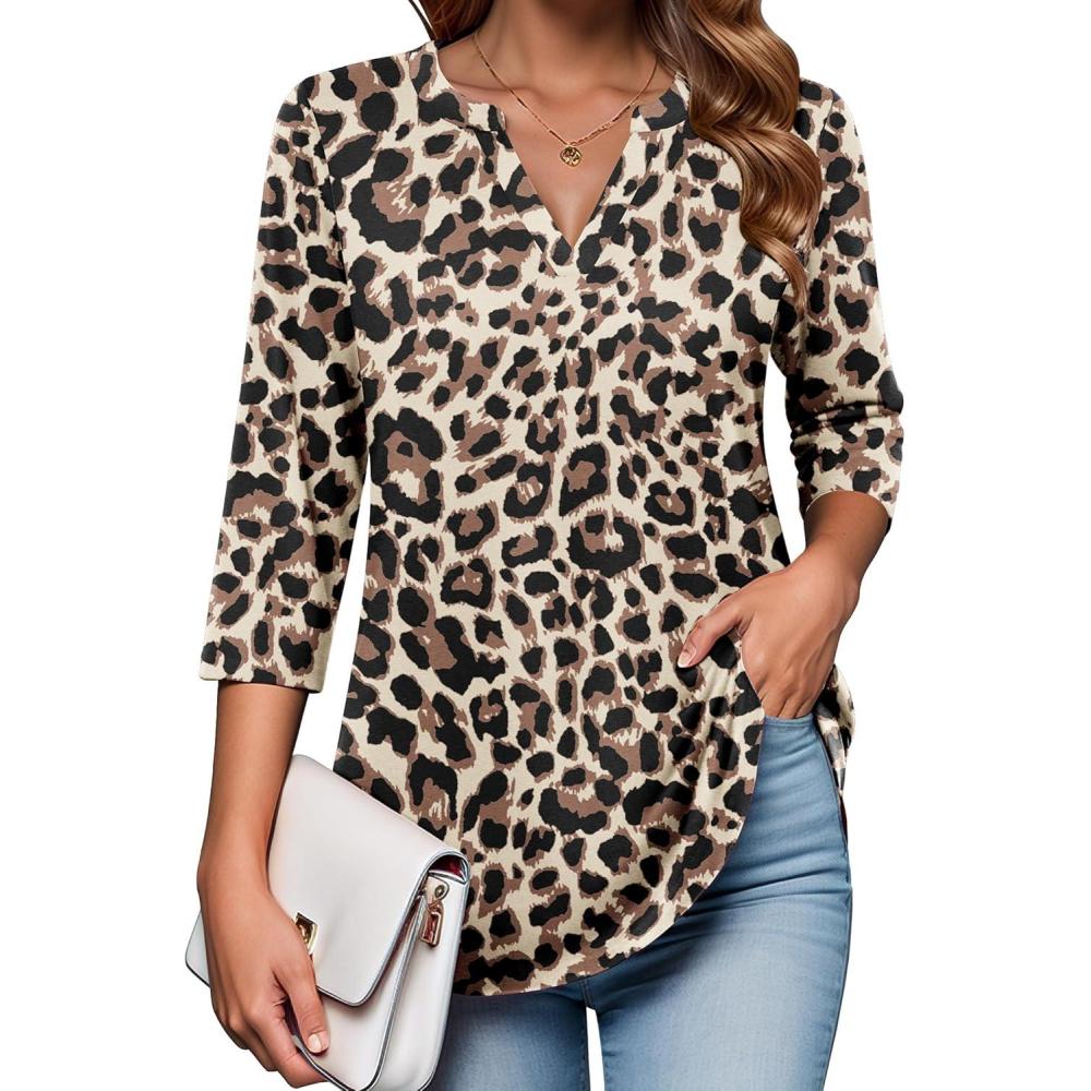 imageZeagoo Womens 34 Length Sleeve Tops V Neck Tunic Casual Dressy Blouse Floral Printed ShirtsLeopard Brown
