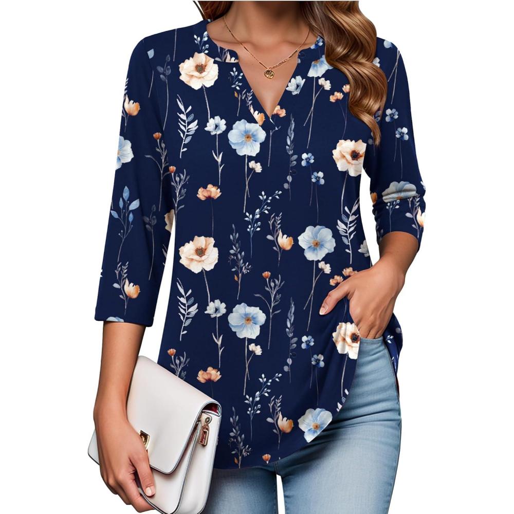imageZeagoo Womens 34 Length Sleeve Tops V Neck Tunic Casual Dressy Blouse Floral Printed ShirtsNavy Blue Floral