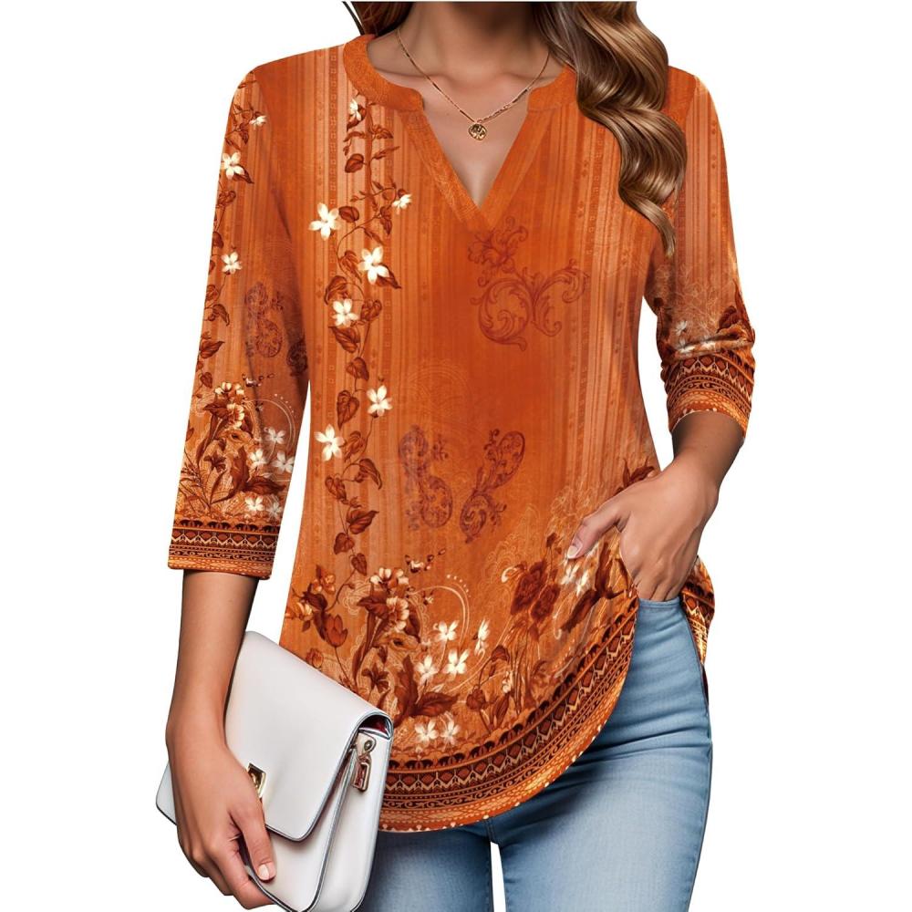 imageZeagoo Womens 34 Length Sleeve Tops V Neck Tunic Casual Dressy Blouse Floral Printed ShirtsOrange Floral